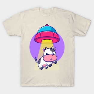 Cute Cow Sucked In UFO Spacecraft Cartoon T-Shirt